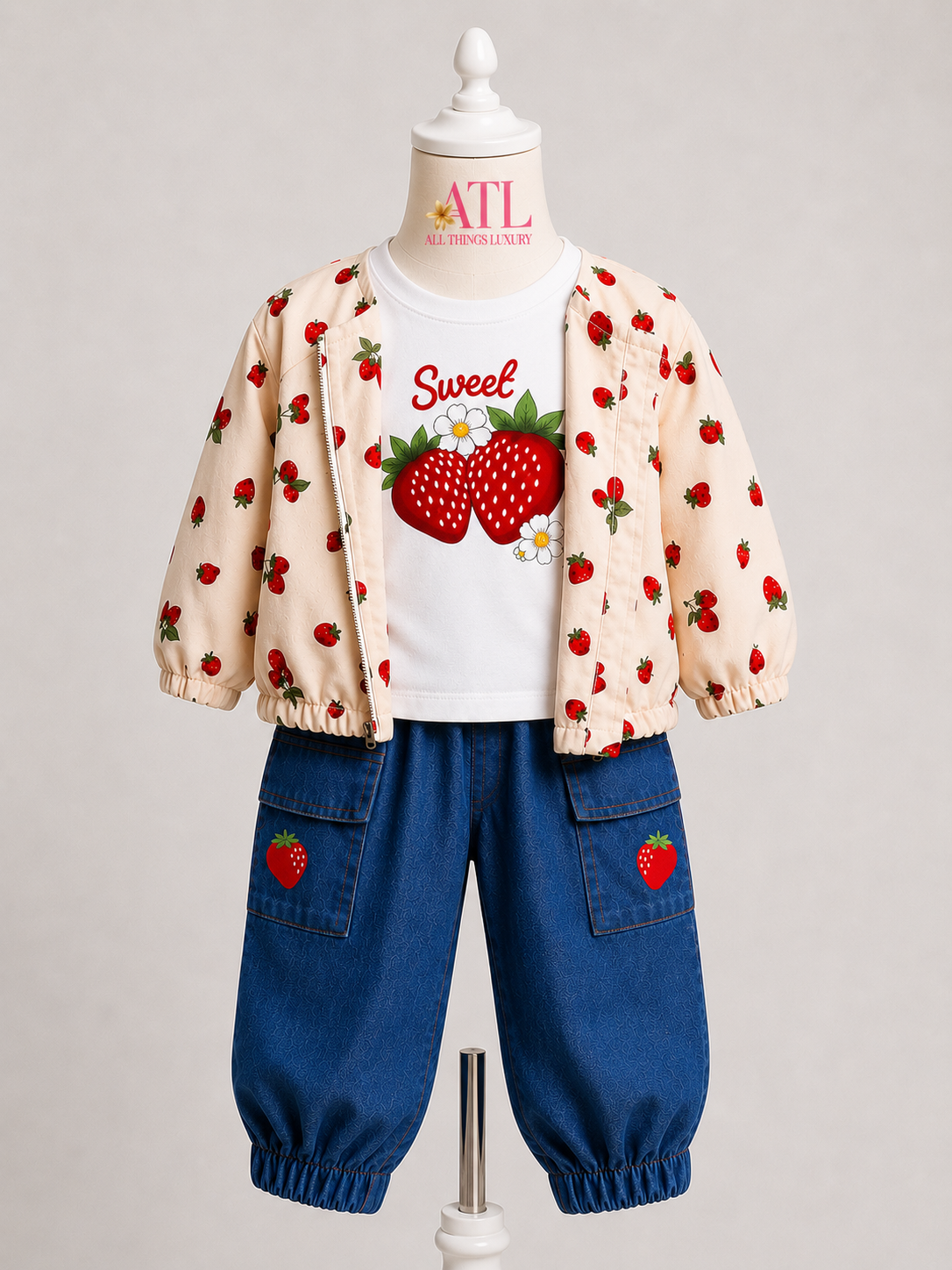 Berry Sweet Trio Set: Jeans, T-Shirt, Printed Jacket