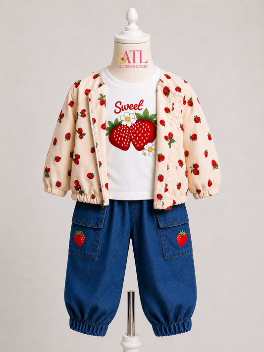 Berry Sweet Trio Set: Jeans, T-Shirt, Printed Jacket
